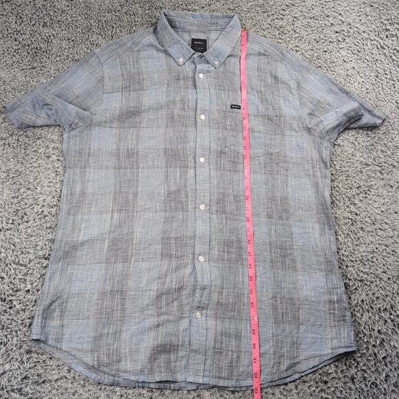 RVCA Shirt Men Extra Large Blue Linen Blend Plaid Button Up Short Sleeve Skater - Picture 5 of 7